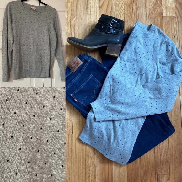 LOFT Gray Black Polka Dot Crew Neck Sweater Vented Hem Pullover Grey Minimalist - Picture 1 of 7